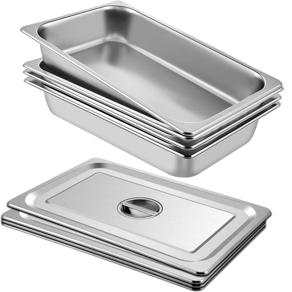 1/1 Full Size Stainless Steel Food Pans, 4-Pack, 0.8mm Thick Anti-Jam Commercial Catering Pans with Lid for Steam Tables, Restaurants, 20.8 x 13 x 4 inch