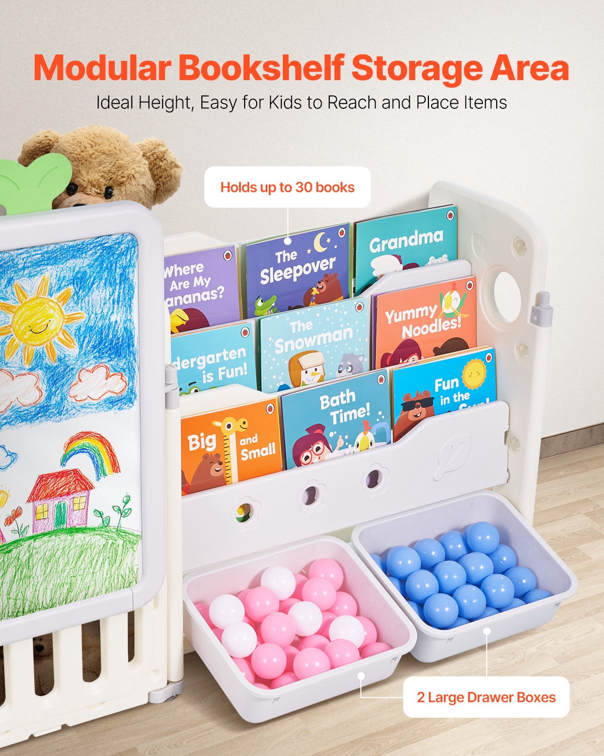 VEVOR Kids Toy Storage with Bookshelf,4-Tier Large Toy Storage Organizer with 10 Plastic Movable Bins,Kids Cubby Cabinet with Bookshelf and Drawing Board for Study Room, Playroom, Classroom, Nursery