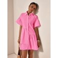 thumbnail image 3 of Pink Solid Front Button Ruffle Hem Short Sleeve Shirt Dress For Women, 3 of 8