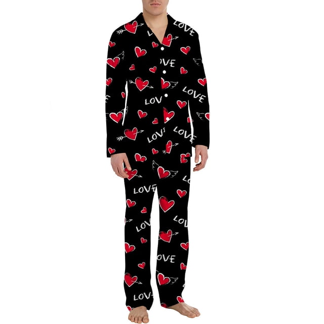 Bowake Valentines Day Pajamas Mens Loungewear Set 2PCS Long Sleeve V Neck Button Down Top and Pant Set Pjs for Men