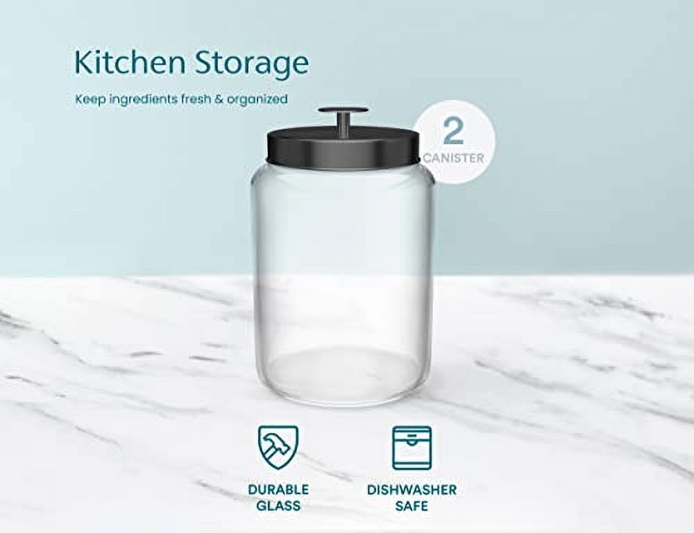 Kook Glass Kitchen Canister Set, Food Storage Containers, Bathroom Jars, Airtight Lids, 3.7 Liters, Set of 2 (Black)