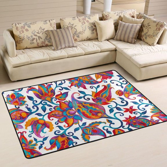 SKYSONIC 72x48in Paisley Watercolor Flower Area Rug, Non-Slip Floor Carpet for Indoor Living Dining Room and Bedroom Area