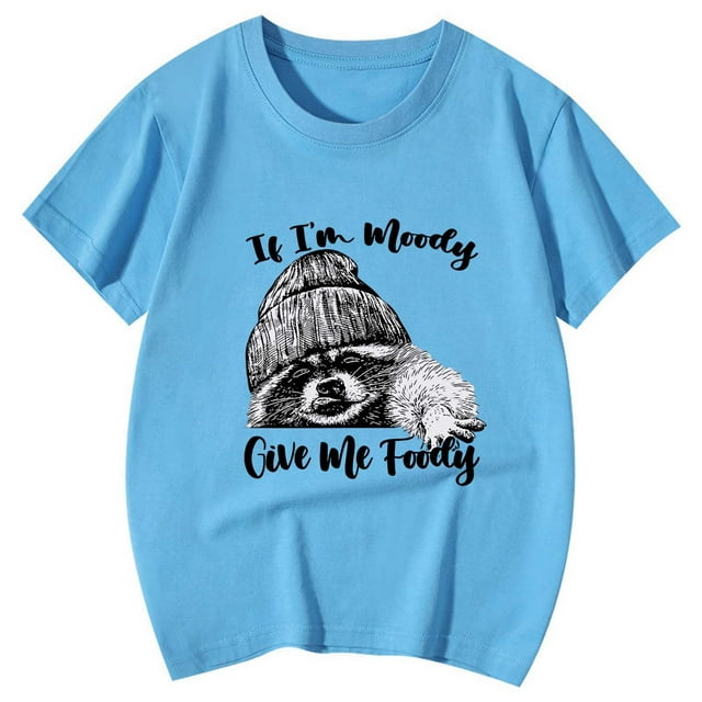 NINGMENG Hauts et T-Shirts pour Filles Enfants Mignon Raton Laveur Imprimé Animal Col Rond Manches Courtes Hauts Chandail T-Shirts Usage Quotidien, Bleu, 6-7 Ans