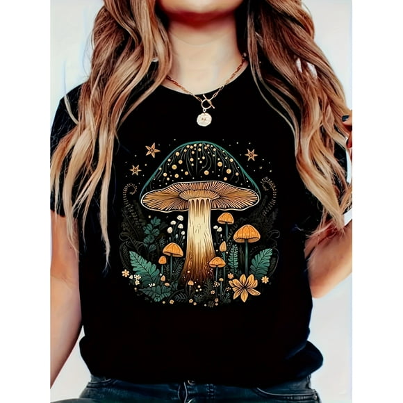 Mushroom Print T-shirt, Short Sleeve Crew Neck Casual Top For Summer & Spring, Women's Clothing