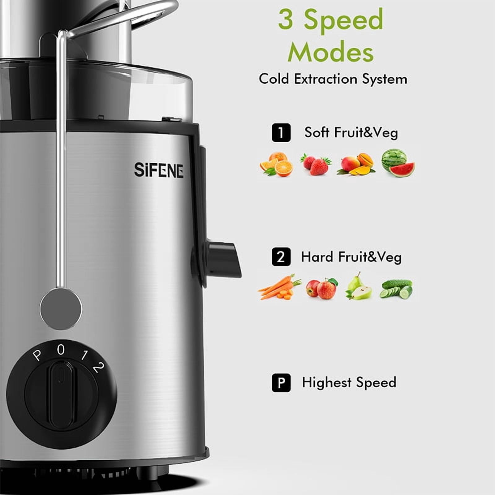 SIFENE 400W Centrifugal Juicer Machine, 3" Wide Chute, Adjustable Speeds, Easy Clean, Silver, New
