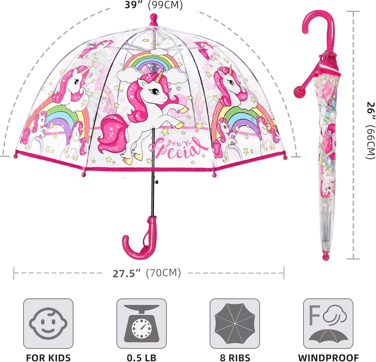 MGH 2 PCS Kids Clear Umbrellas for Rain Dome Bubble Umbrella Windproof for Toddler Boys Girls