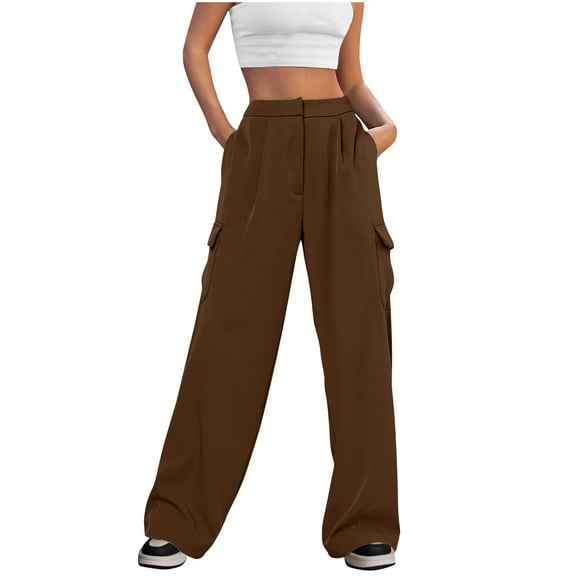 biudgviw Women's Cargo Wide Leg Pants Trendy High Waisted Dressy Casual Work Pants Baggy Office Trousers with Pockets