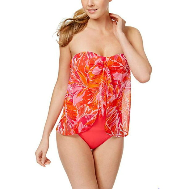Ralph Lauren Woman's Orange Lush Tropical Print Mesh Flyaway One Piece  Swimsuit, Size 12 