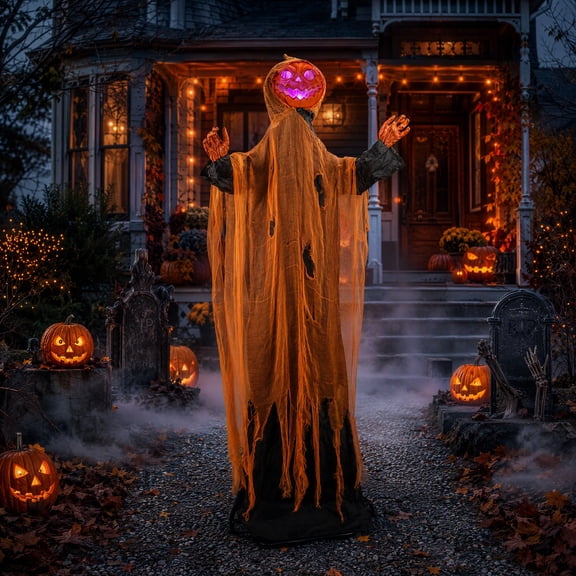 Weswose Halloween Pumpkin Scarecrow Decor 74" Tall - Pumpkin Head Ghost with Glowing Eyes & Voice Activated Creepy Sounds, Outdoor Yard Decoration for Garden, Haunted House, Party