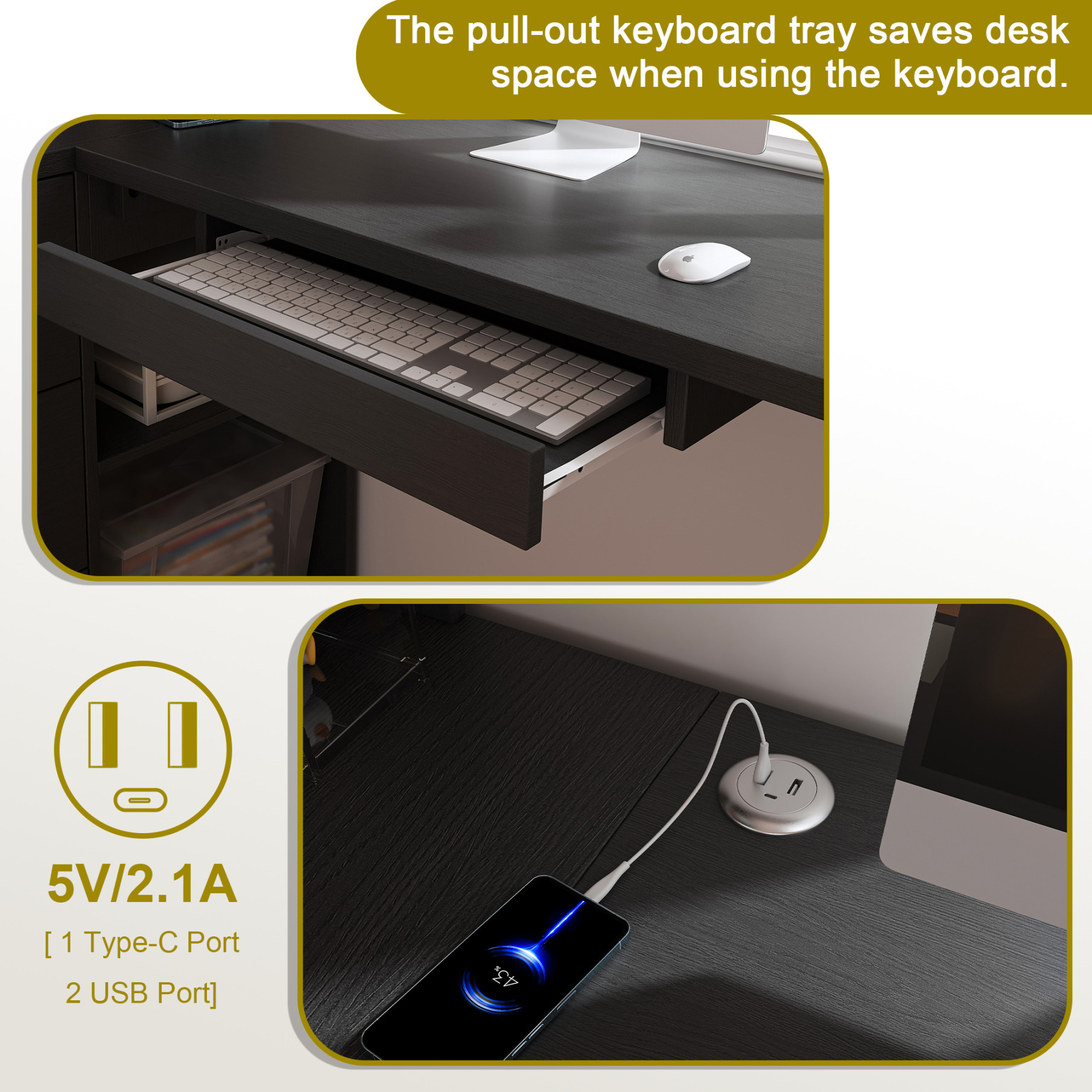 L Shaped Desk with LED Lights and Charging Ports, Corner Computer Desk with Keyboard Tray, Glass Cabinets and 3 Drawers for Home Office, Black