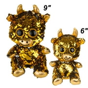 Grin Studios Reversible Sequin Bling Plush bundle- 9" and 6" Gold to Silver Sequin Bull Plush Doll- Pair