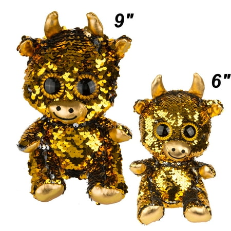 Grin Studios Reversible Sequin Bling Plush bundle- 9" and 6" Gold to Silver Sequin Bull Plush Doll- Pair