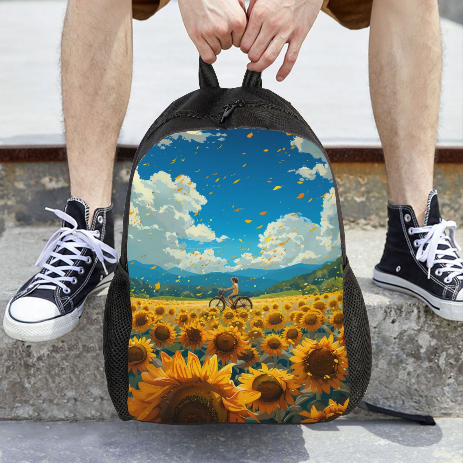 Xecao Field Bicycle Young Sunflower Print School Backpack with Laptop Compartment Small Travel Laptop Backpack for Women Men Waterproof College Backpack Simple School Bag