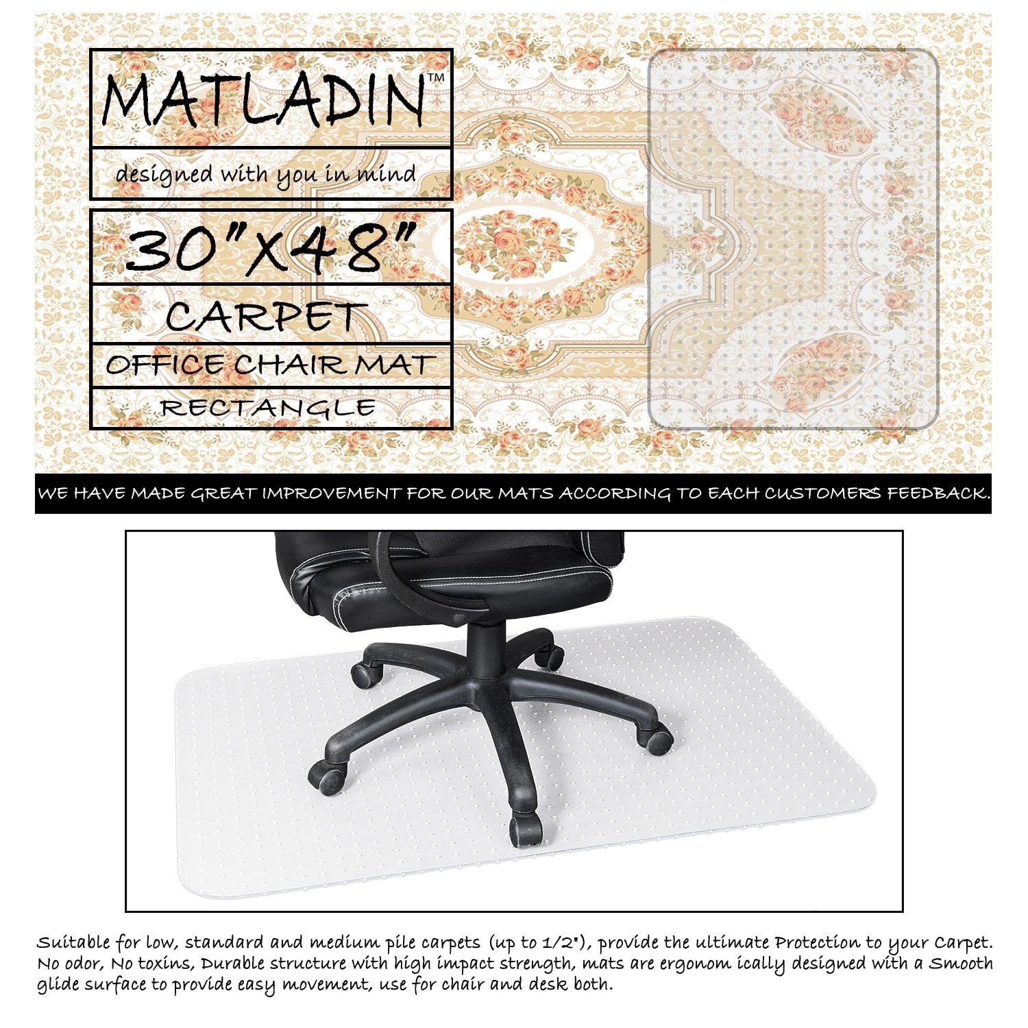 Zimtown Rectangular 30 X48 Chair Mat For Carpet 1 8 Thick