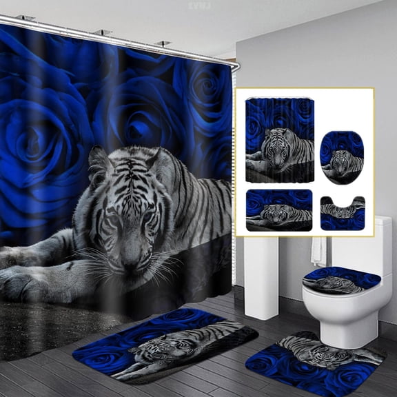 Blue Rose Tiger Shower Curtain Sets with Rugs Toilet Lid Cover and Bath Mat, Soft Animal Shower Curtain with Hooks, Romc Flower Tiger Bathroom Sets with Shower Curtain and Accessories