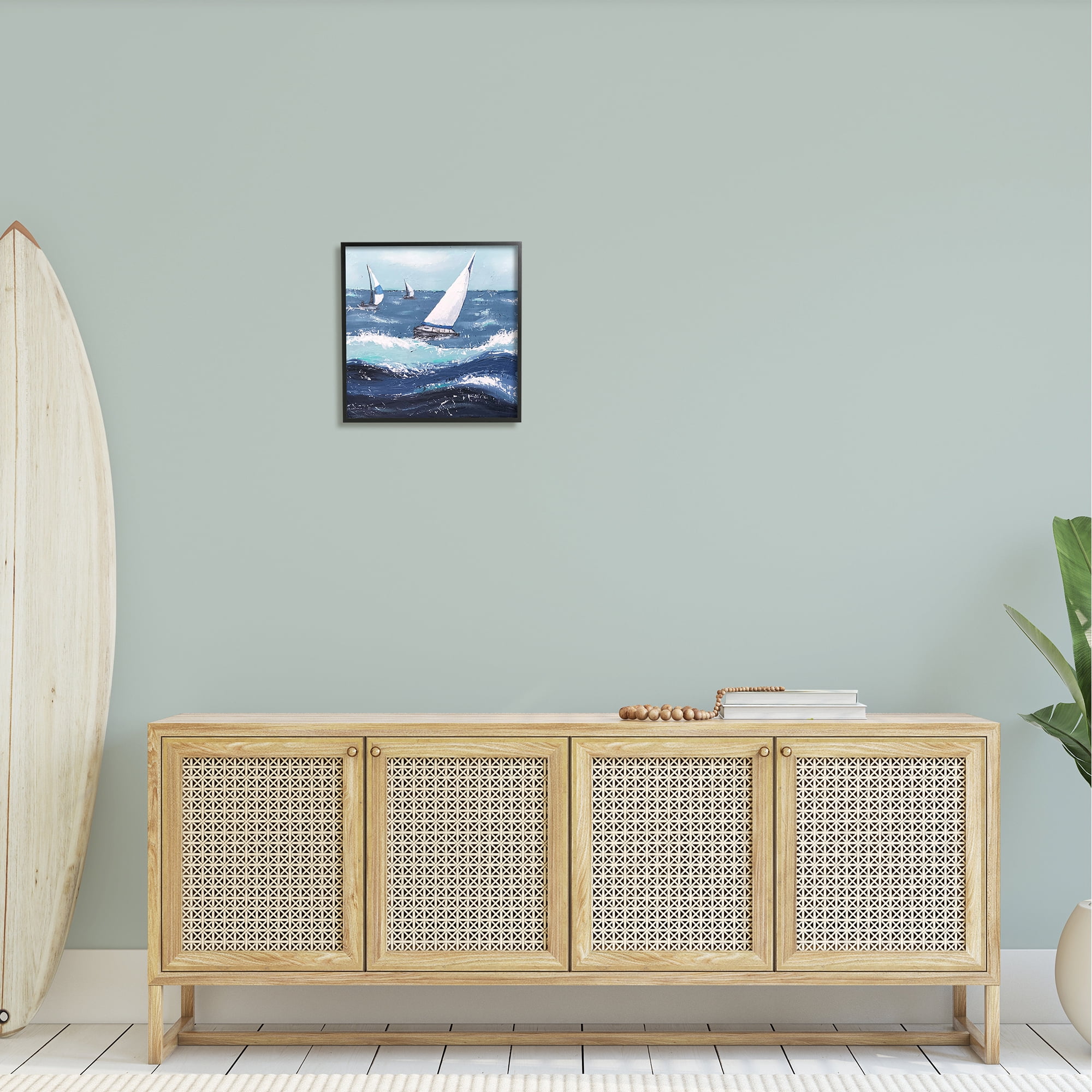 Stupell Rough Ocean Waves Sailing Boats Landscape Painting Black Framed Art Print Wall Art