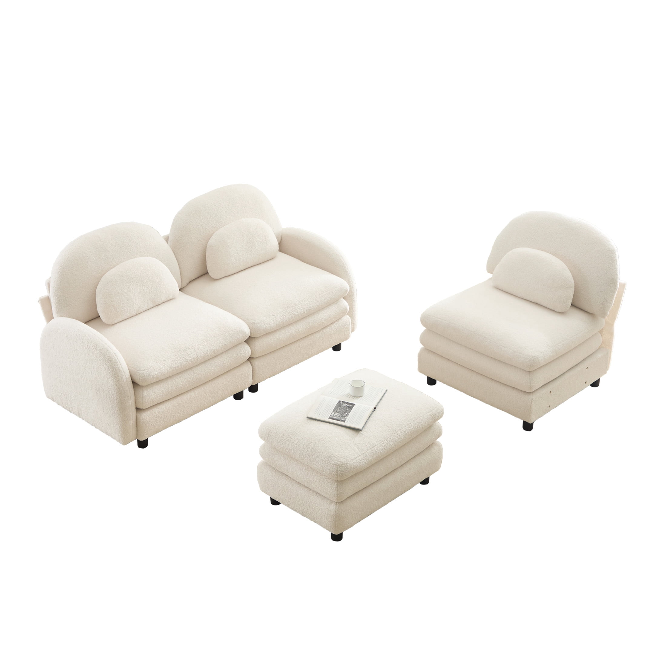 Noble House Windsor Teddy Fabric 3-Seater Sectional Sofa, Modular Cloud Couch with Ottoman and Lumbar Pillows, Beige