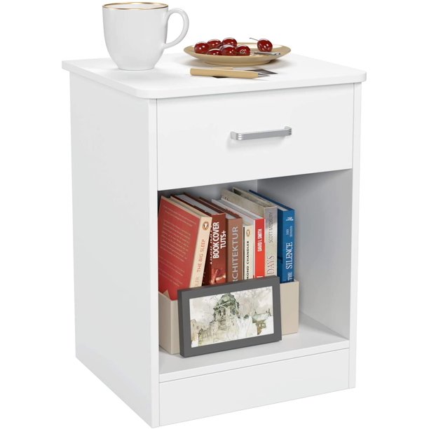 Homfa Nightstand with Drawer and Storage Shelf, Small Beside End Table for  Bedroom, Sofa Side Table for Living Room, White Finish