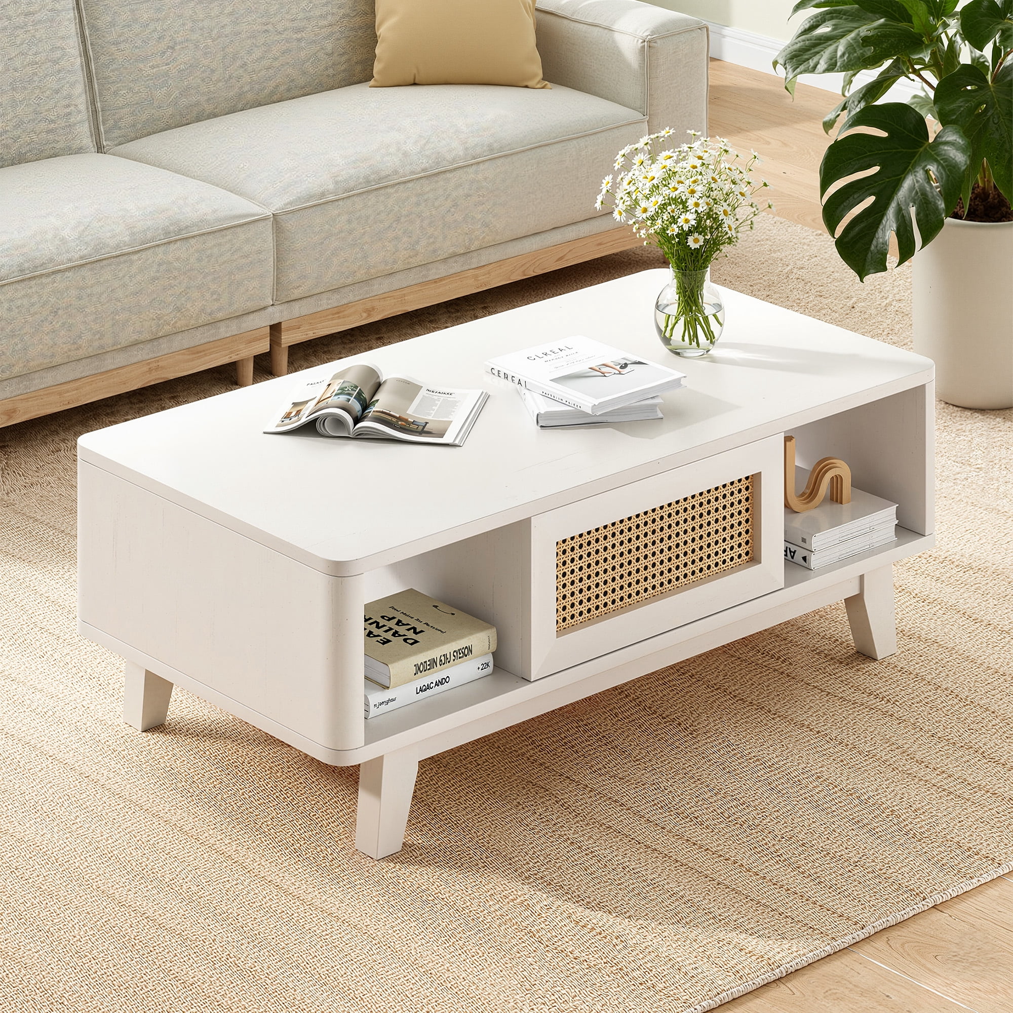 MAYEERTY 44"White Modern Square Wooden Coffee Table with Rattan Drawer for Living Room