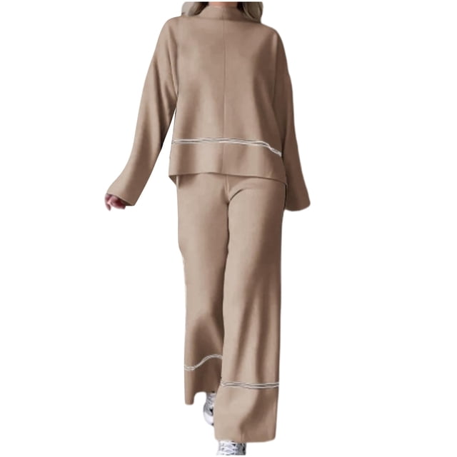 AherBiu Ensembles de Détente pour Femmes Chandail Col Rond Hauts Pantalons Larges Tricotés 2 Pcs Tenues d'Hiver