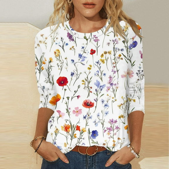 QUNYINEY 3/4 Sleeve Women Shirts Crew Neck Casual Floral White Tops Loose Pullover Drop Shoulder T-Shirts Women Tops