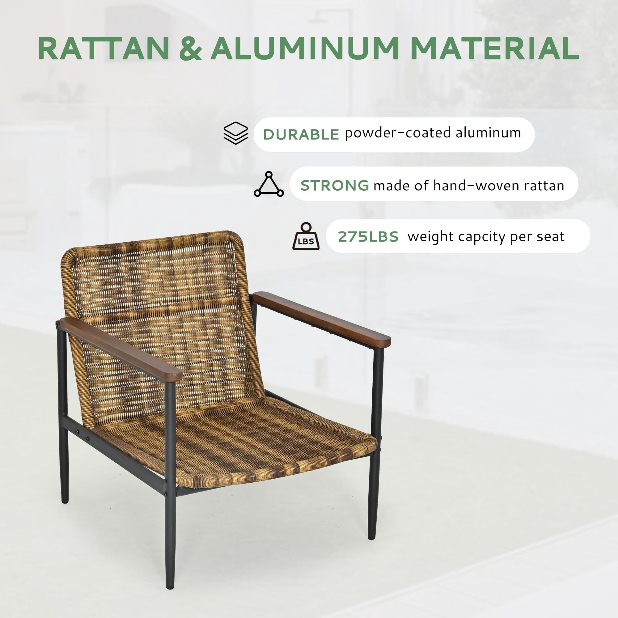 3-Piece Outdoor Patio Bistro Set with Aluminum Frame, Wicker Chairs & Acacia Wood Side Table, 4.7" Olefin Cushions, Weather-Resistant for Balcony, Porch, Backyard
