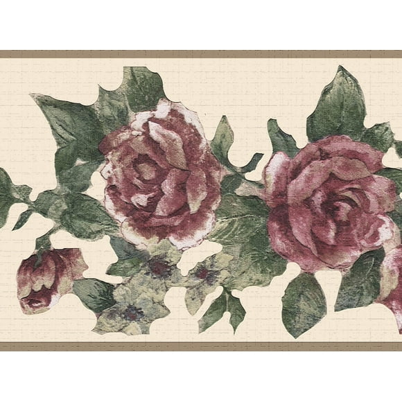Dundee Deco's Peel and Stick Wallpaper Border - Floral Red Green Tan Flowers Wall Border Retro Design, 15 ft x 7 in (4.57m x 17.78cm), Self Adhesive