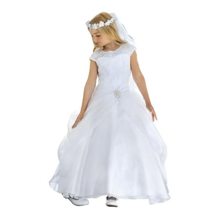 Angels Garment Girls White Satin Rhinestone Brooch Communion Dress