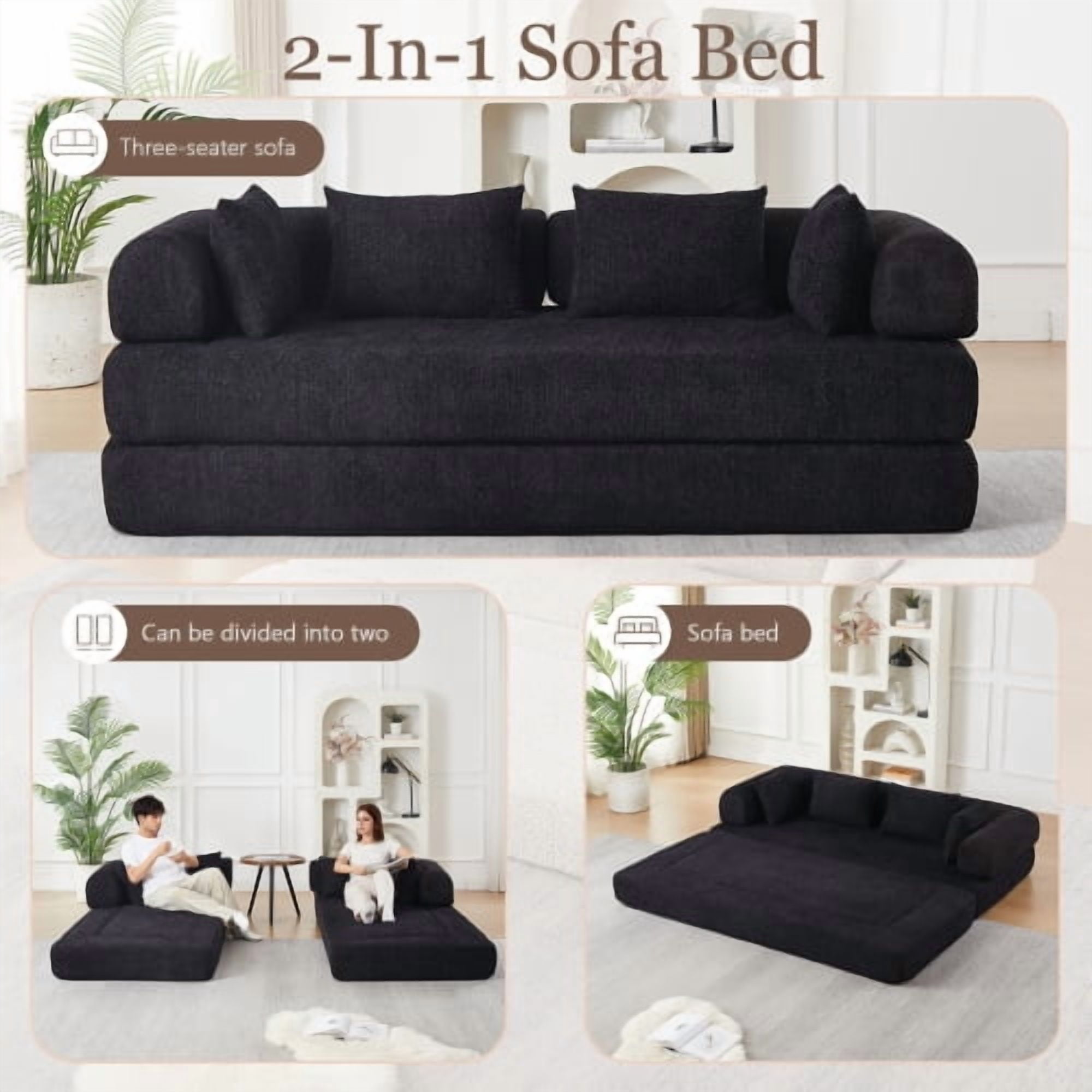 78.9-Inch Convertible Sleeper Sofa, Stain-Resistant Chenille Folding Mattress, DIY Modular Floor Lounge with Removable Armrests, Black