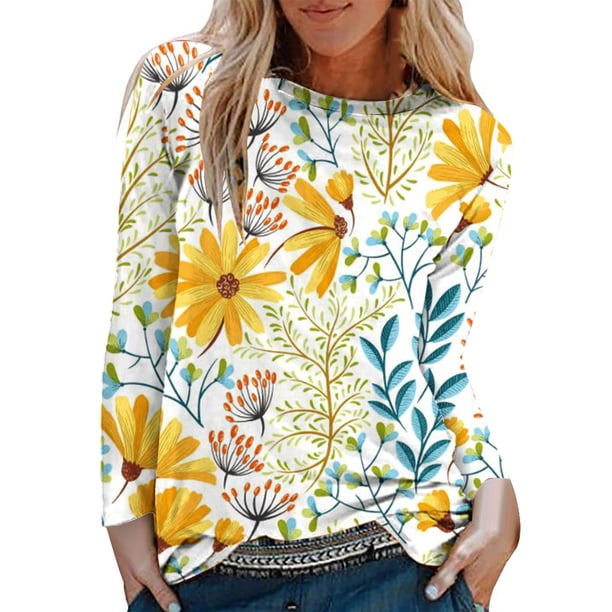 Camisas Para Mujer Casual Cuello Redondo Manga Larga Impreso Camisa Suelta Blusa Tops Odeerbi ODB129392