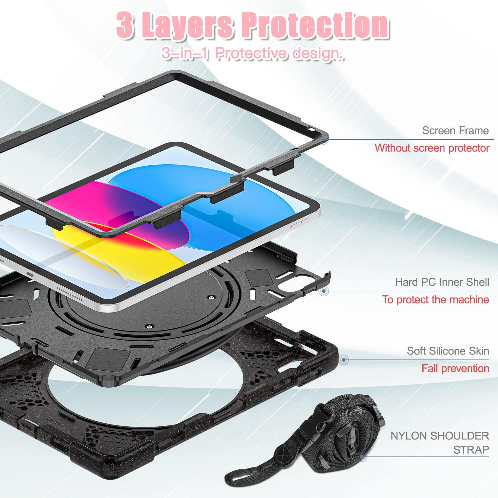iPad 10th Generation Case 2022,iPad 10th Gen 10.9 inch Rugged Case with Screen Protector,Rotating Stand/Pencil Holder/Carrying Shoulder Strap - Carnival Night Black