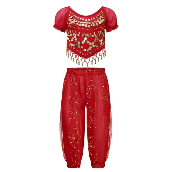 Kaerm Ensemble de Danse du Ventre Indienne à Sequins pour Filles, Costume de Princesse Carnaval, Haut Court à Manches Courtes avec Pantalon Bloomers, Rouge 2 Pcs/Ensemble S