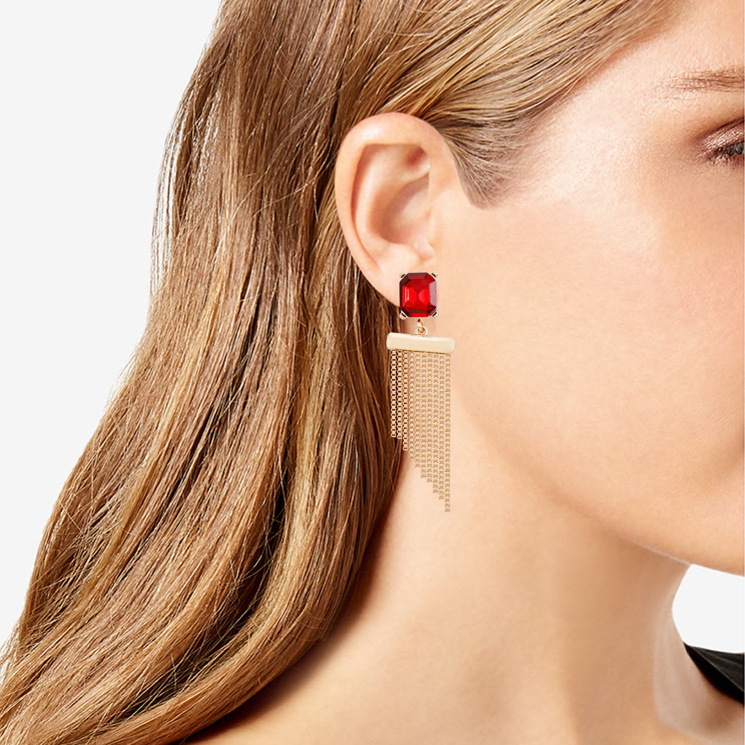 Time and Tru Women's Gold Tone Statement Earring with Garnet Rectangle Stone Post and Fringe Drop
