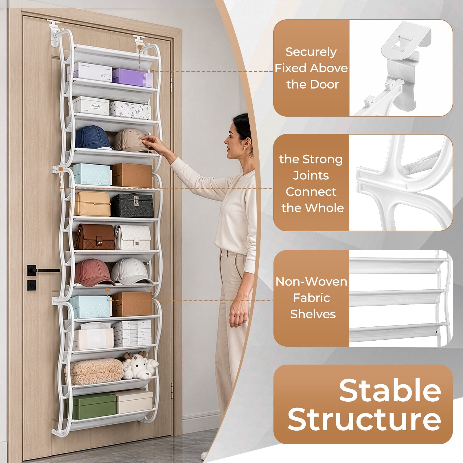 12-Tier Over-the-Door Shoe Rack with Non-Woven Fabric Dividers, White, 19.68 x 6.69 x 71.26 in