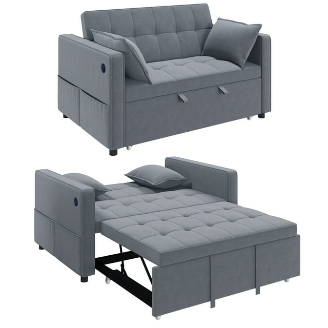 HOMCOM Sofa Bed, Pull Out Sleeper Sofa w/ USB Charging, Adjustable Backrest