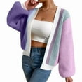 thumbnail image 1 of Women'S Color Block Open Front Long Sleeve Ribbed Knit Cropped Cardigan Sweaters Purple L, 1 of 5