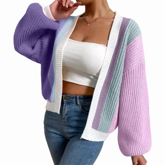 Women'S Color Block Open Front Long Sleeve Ribbed Knit Cropped Cardigan Sweaters Purple L