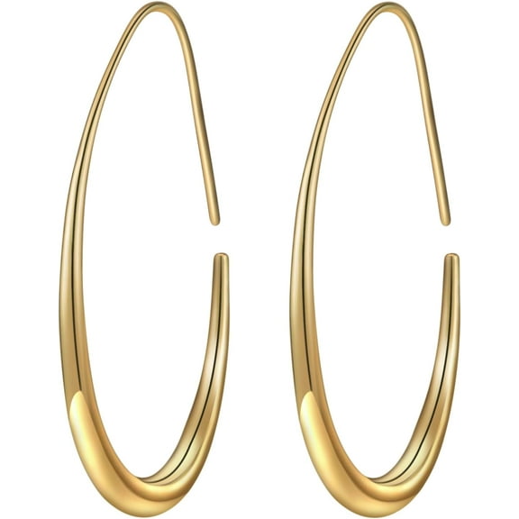 Lightweight Teardrop Hoop Earrings for Women - 14k Gold/White Gold Plated Large Oval Pull Through Hoop Earrings High Polished Statement Jewelry Gift for Women