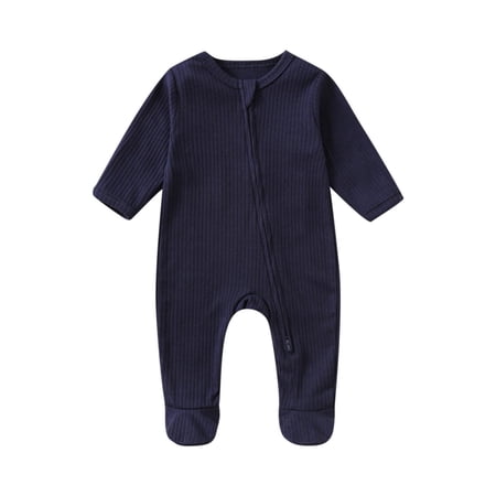 bbymog Long Sleeve Baby Clothes for Girls Crewneck Cotton Baby Romper with Zipper Fall Footed Newborn Girl Clothes Size 3-18 Months Navy G 12 Months