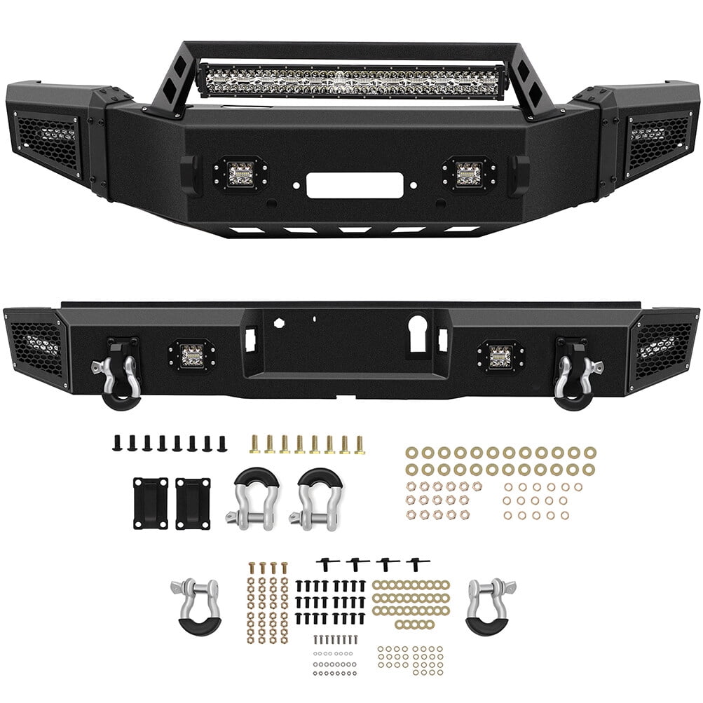 cciyu Upgraded Textured Black Front & Rear Bumper Compatible for 2018-2020 for Ford F-150 Heavy Duty Steel Bumper with D-ring and LED Lights(Excluding Raptor)