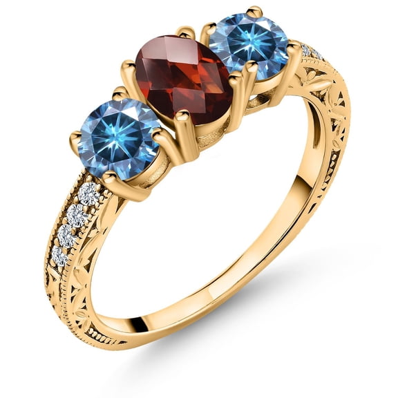 Gem Stone King 18K Yellow Gold Plated Silver 3-Stone Ring Oval/Checkerboard Red Garnet and Vivid Persian Blue Moissanite (2.12 Cttw, Size 8)