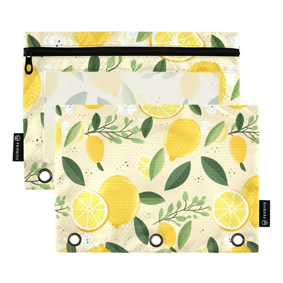 Hand Drawn Lemons 2 Pack Pencil Pouch for 3 Ring Binder Smooth Zipper Folders with Pockets Clear Window Pencil Case