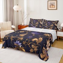Feelyou Fashion Gold Leaf Full Size Sheets, Mystic Romantic Butterfly Bed Sheets, Retro Flower Sheet Sets, Microfiber Bedroom Decor, 4pcs