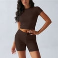 thumbnail image 5 of Hurxie Women's 2 Piece Outfits Lounge Sets Slim Fitted Short Sleeve Crop Tops Fold Over Shorts Casual Comfy Trasuits Brown,S, 5 of 6
