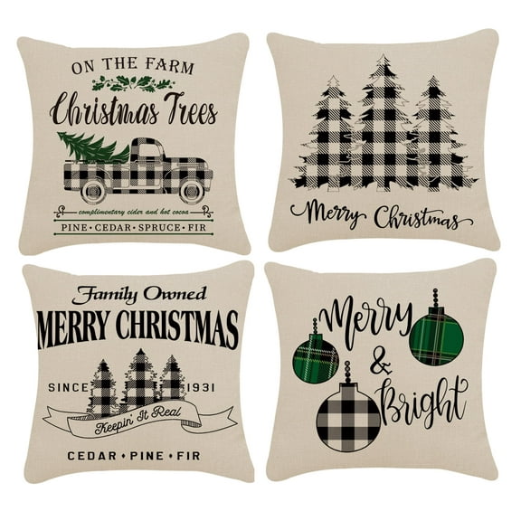 Christmas Pillow Covers 18x18 inch Decorations Indoor Farmhouse Buffalo Plaid Throw Pillow Cases Winter Holiday Red Truck Xmas Decorations for Couch 4 Pack