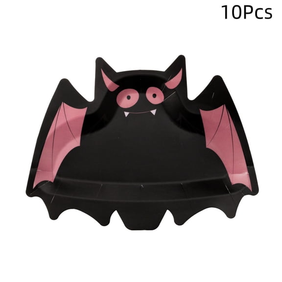 10 Pcs Halloween Bat Paper Plates, Spooky Black Disposable Dinnerware for 10 Guests, Shaped Vampire Themed Birthday Party Supplies