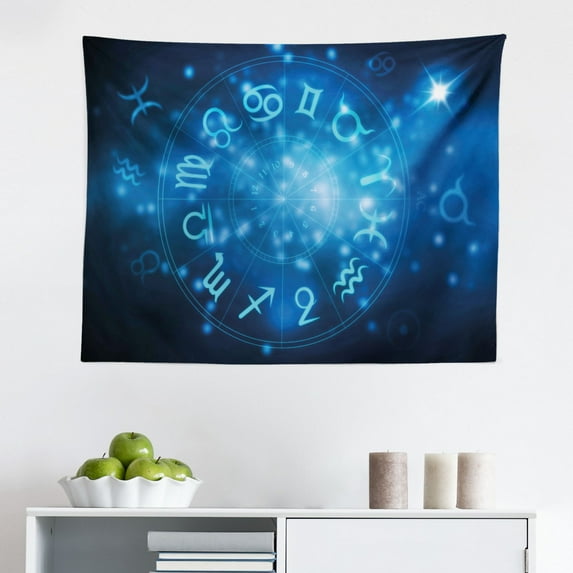 Astrology Tapestry, Horoscope Circle Signs Virgo Scorpio Sagittarius with Abstract Backdrop, Fabric Wall Hanging Decor for Bedroom Living Room Dorm, 2 Sizes, Blue White and Red, by Ambesonne
