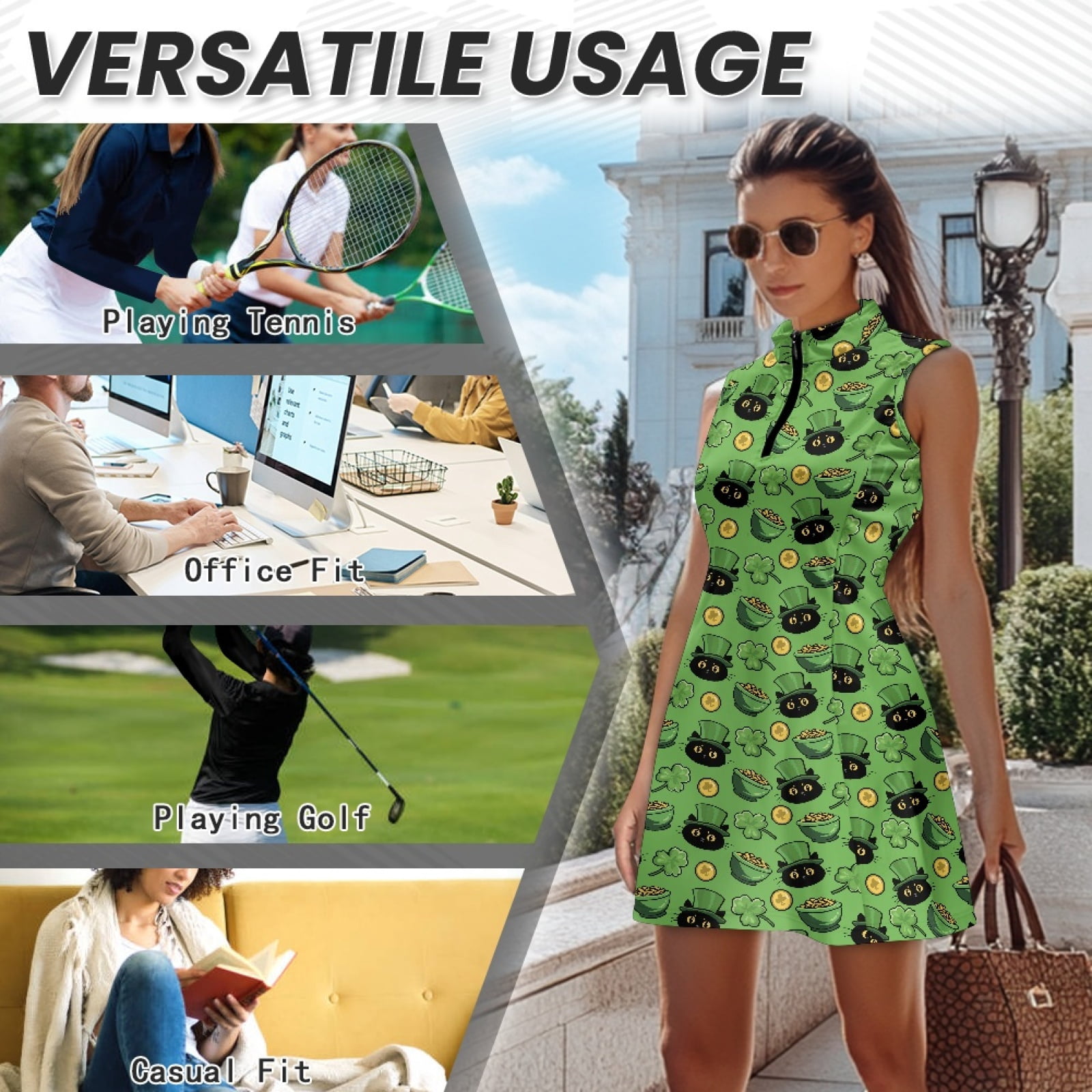 COEQINE Black Cat Hat Shamrock Gold Coin Print Golf Dresses for Women Sleeveless Stand Collar Athletic Dresses for St. Patrick's Day Zip Up 2 Pieces Tennis Outfits with Shorts 2 Pockets, XS