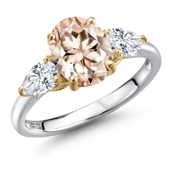 Gem Stone King 925 Silver and 10K Yellow Gold Peach Morganite and White Moissanite Engagement Ring for Women | 2.40 Cttw | Oval 9X7MM | Gemstone October Birthstone | Size 8