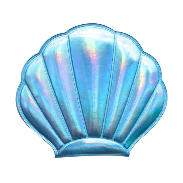 EeaseMX Espejo plegable de doble cara con forma de concha, de piel sintética, portátil, holográfico, para niñas y mujeres (azul)